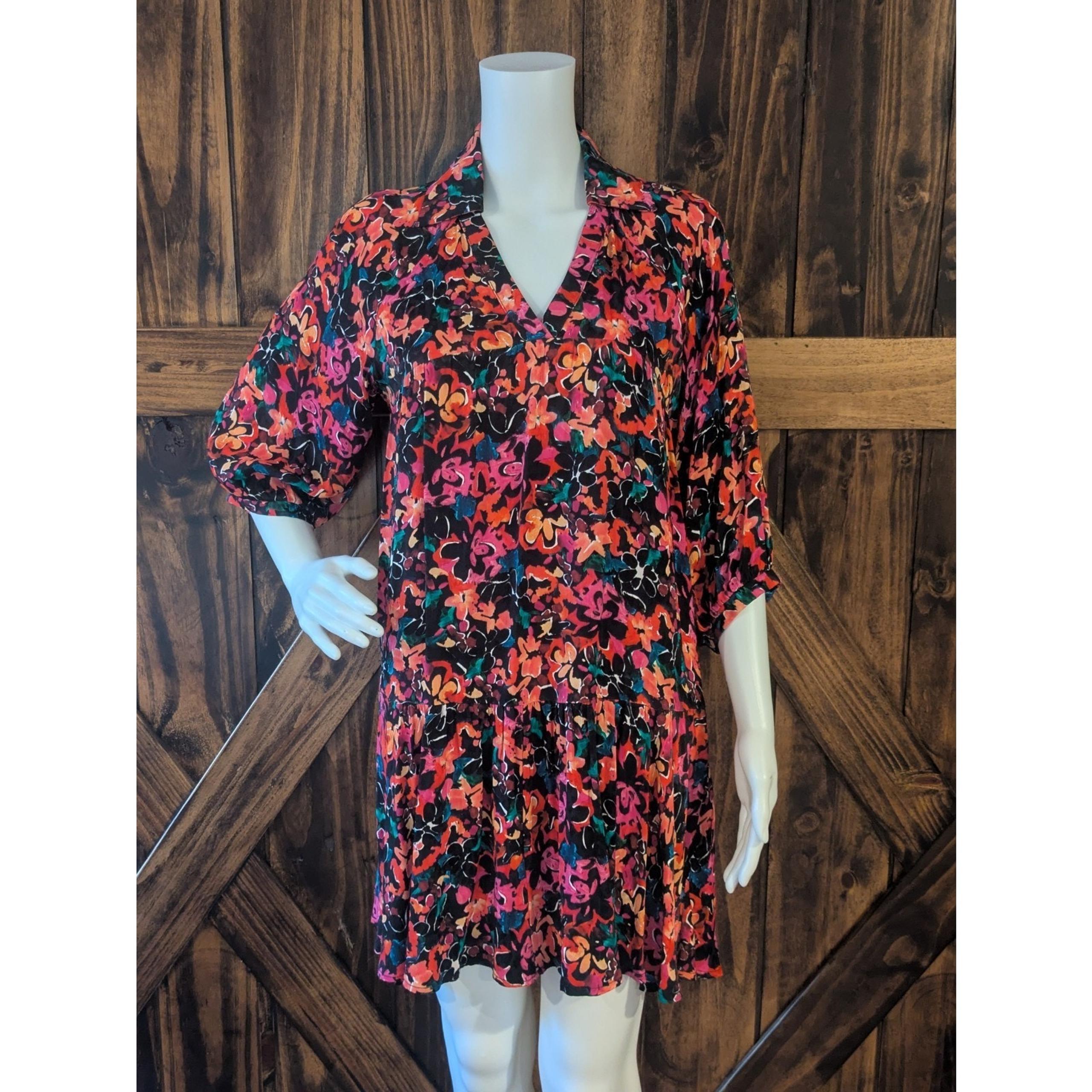 Fresha London (Anthropologie) Womens Small Colorful Floral VNeck Flowy Dress