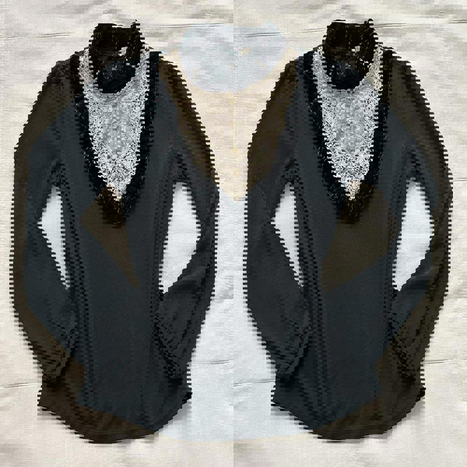 Axes femme cream emerald green long sleeve lace neck top with layered bib detail