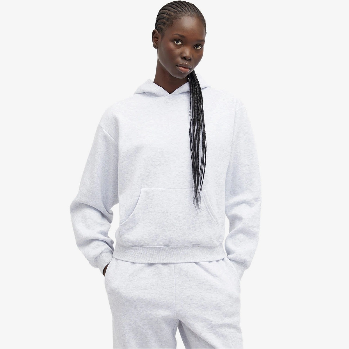 Skims Cotton Fleece Pullover Hoodie in Light Heather Grey, Size Small