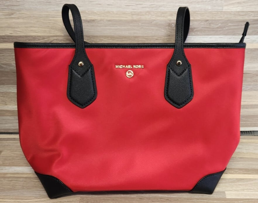 New Michael Kors Eva Top Zip Multi Pocket Small Tote Black Red NS Read
