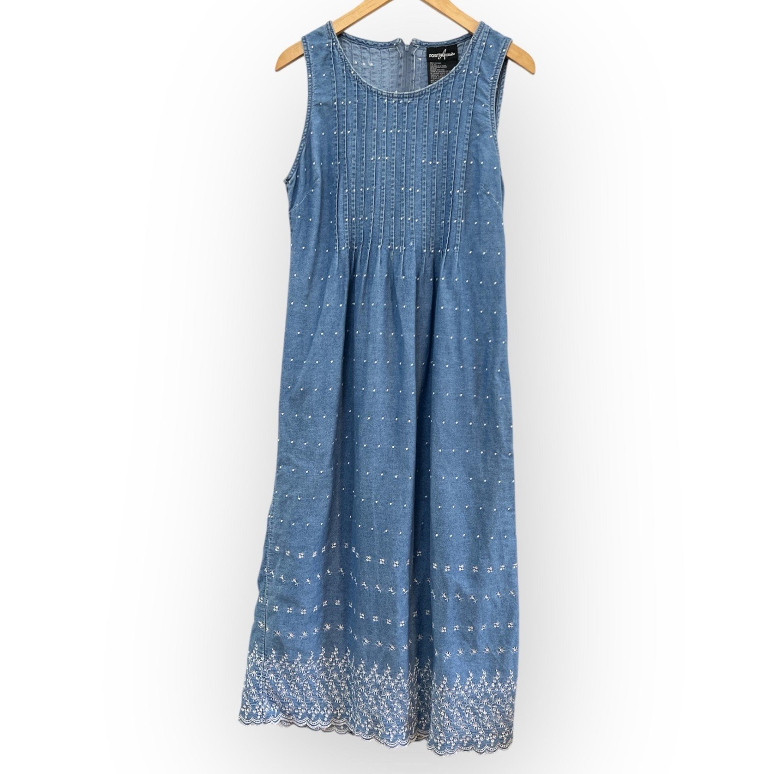 Vintage Positive Attitude Sleeveless Denim Dress Pleated Embroidered Women's 10