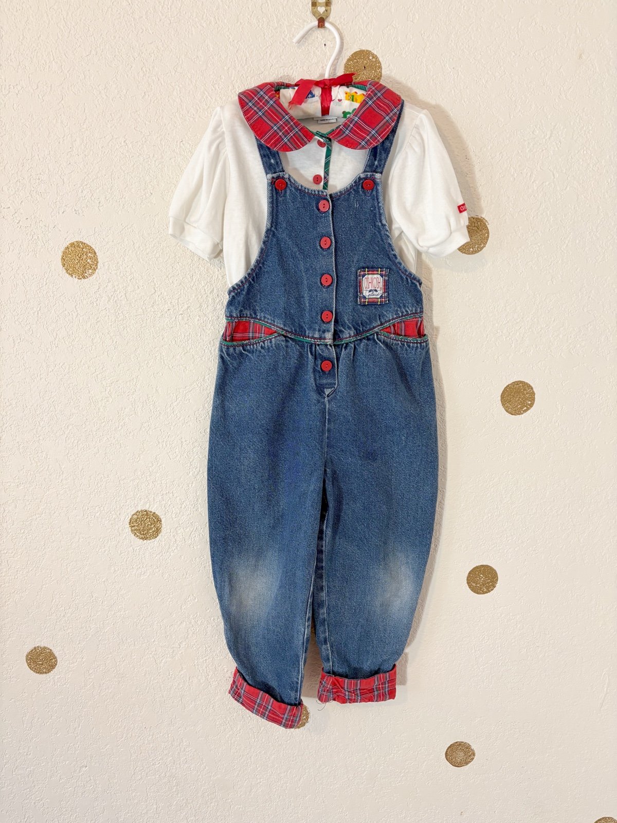 Vintage Oshkosh "Plaid" denim romper + matching top set.