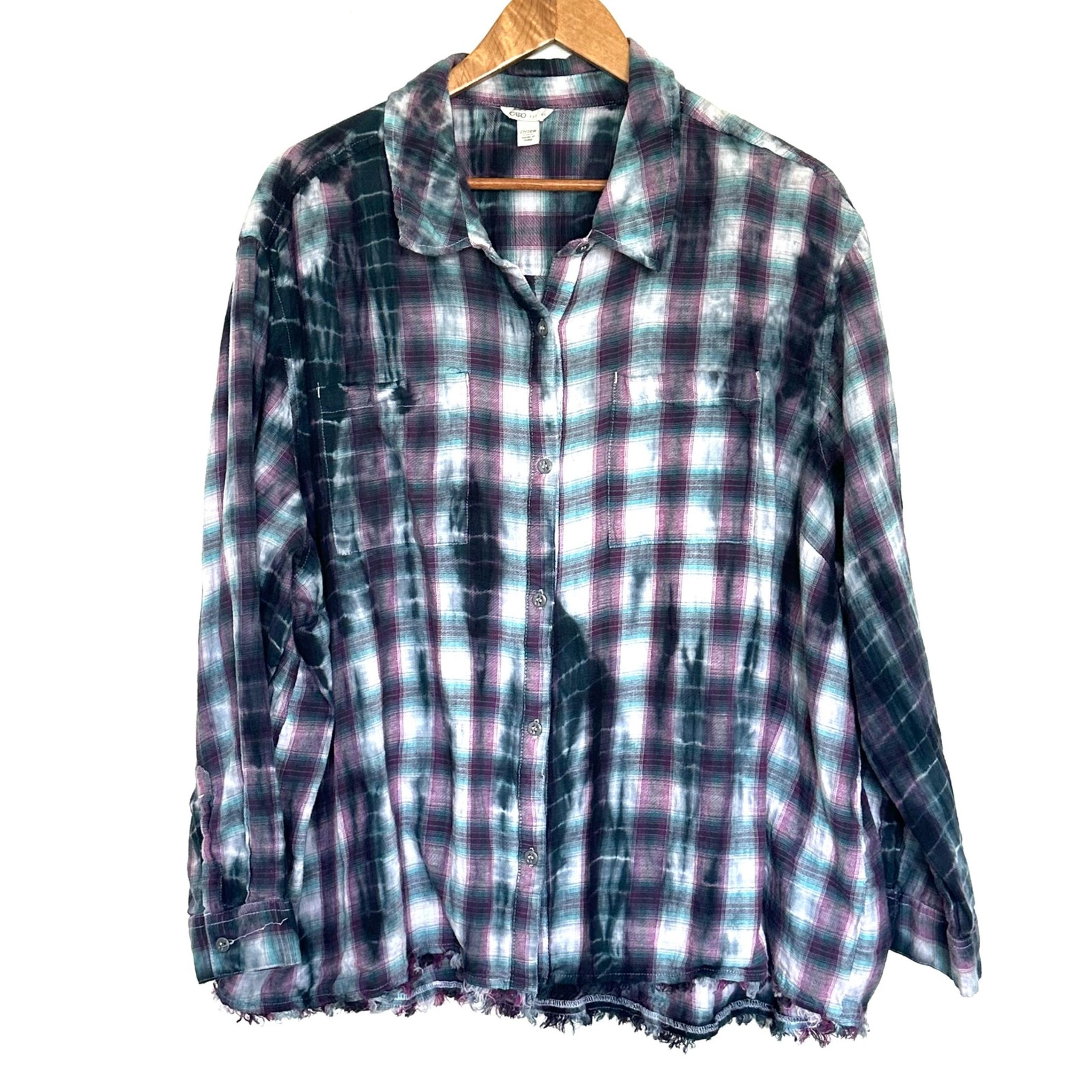 Cato Shirt Women's Size 22/24W Plaid Flannel Tie Dye Distressed Hem Long Sleeve