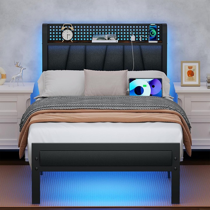 Twin Size Bed Frame with LED Light and Charging Station, Grey Upholstered Storag