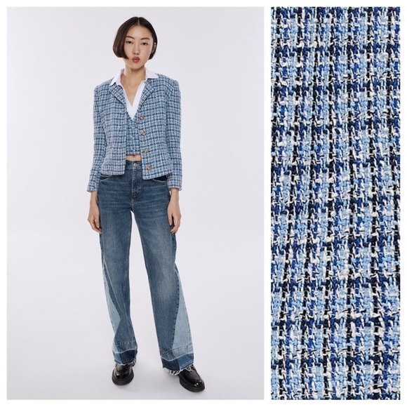 NWT. Zara Blue Textured Jewel Button Blazer. Size XS.