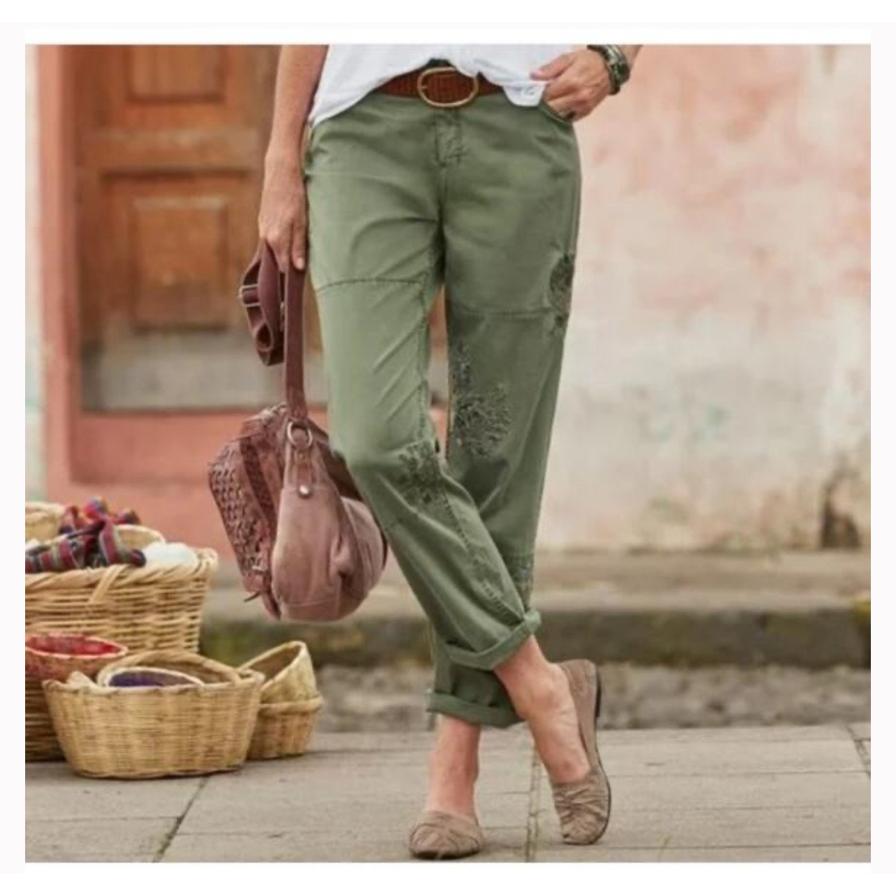 Sundance Bloom Embroidered Crop Pants Green 8 Floral Boho Olive