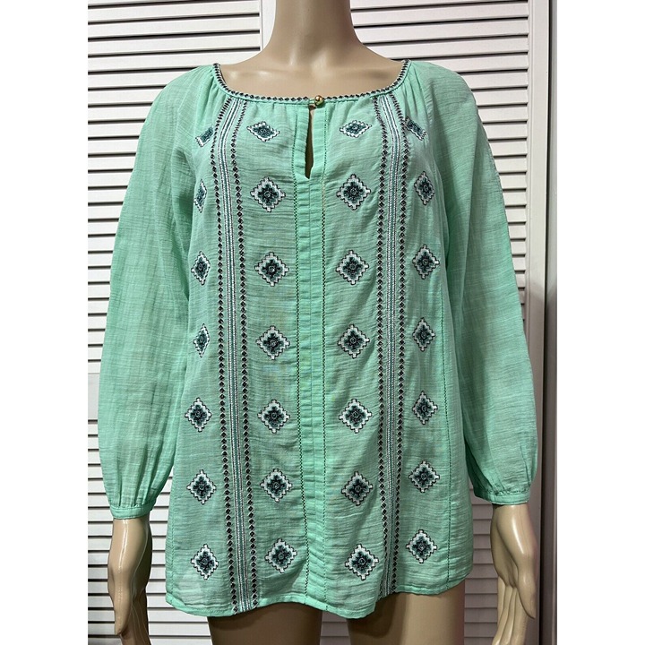 Tory Burch Women Top Blouse Size 6 Green Embroidery Long Sleeves Cotton linen