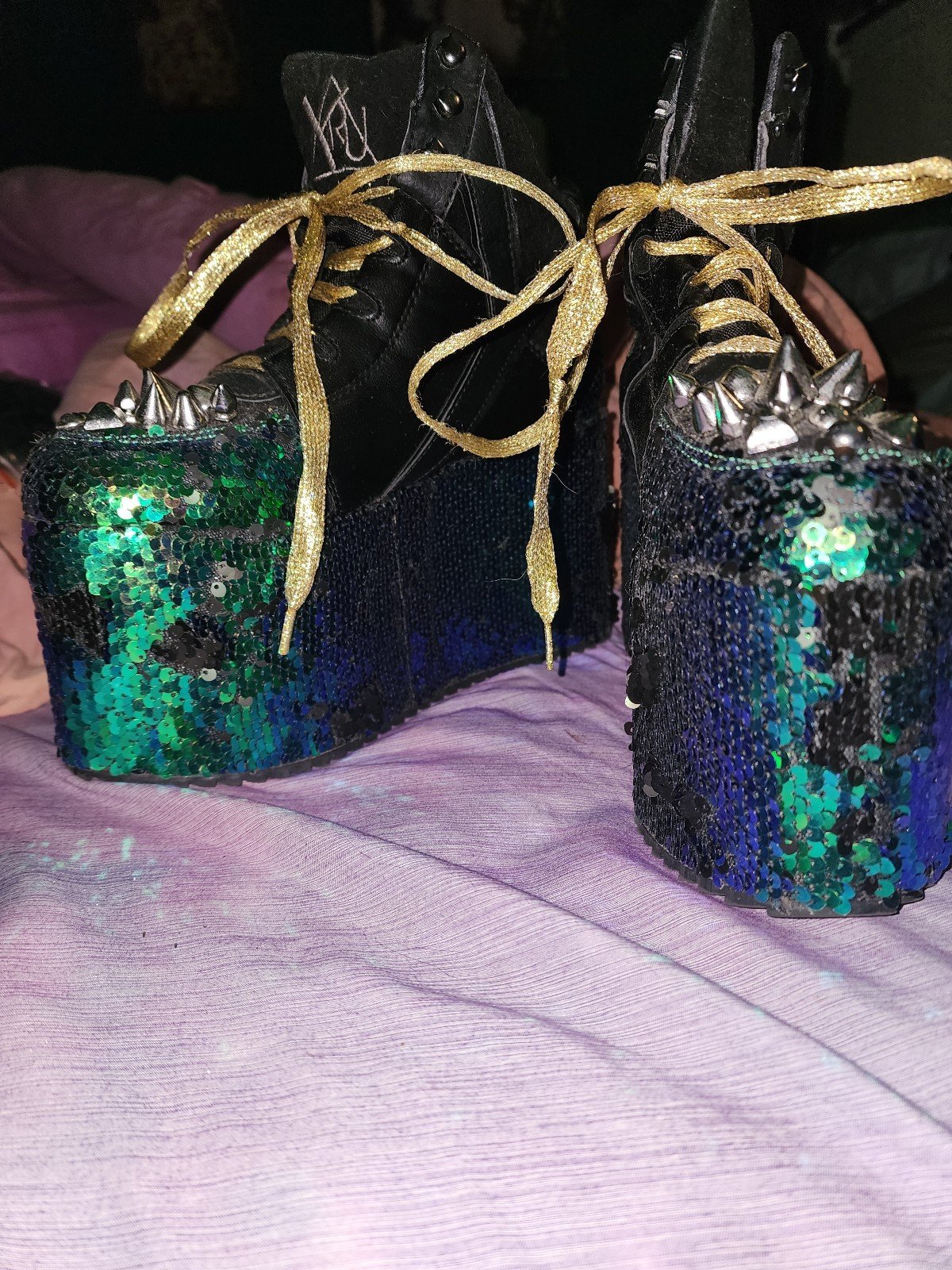 YRU dazzled sequins gold laces quozmo dragon platform shoes