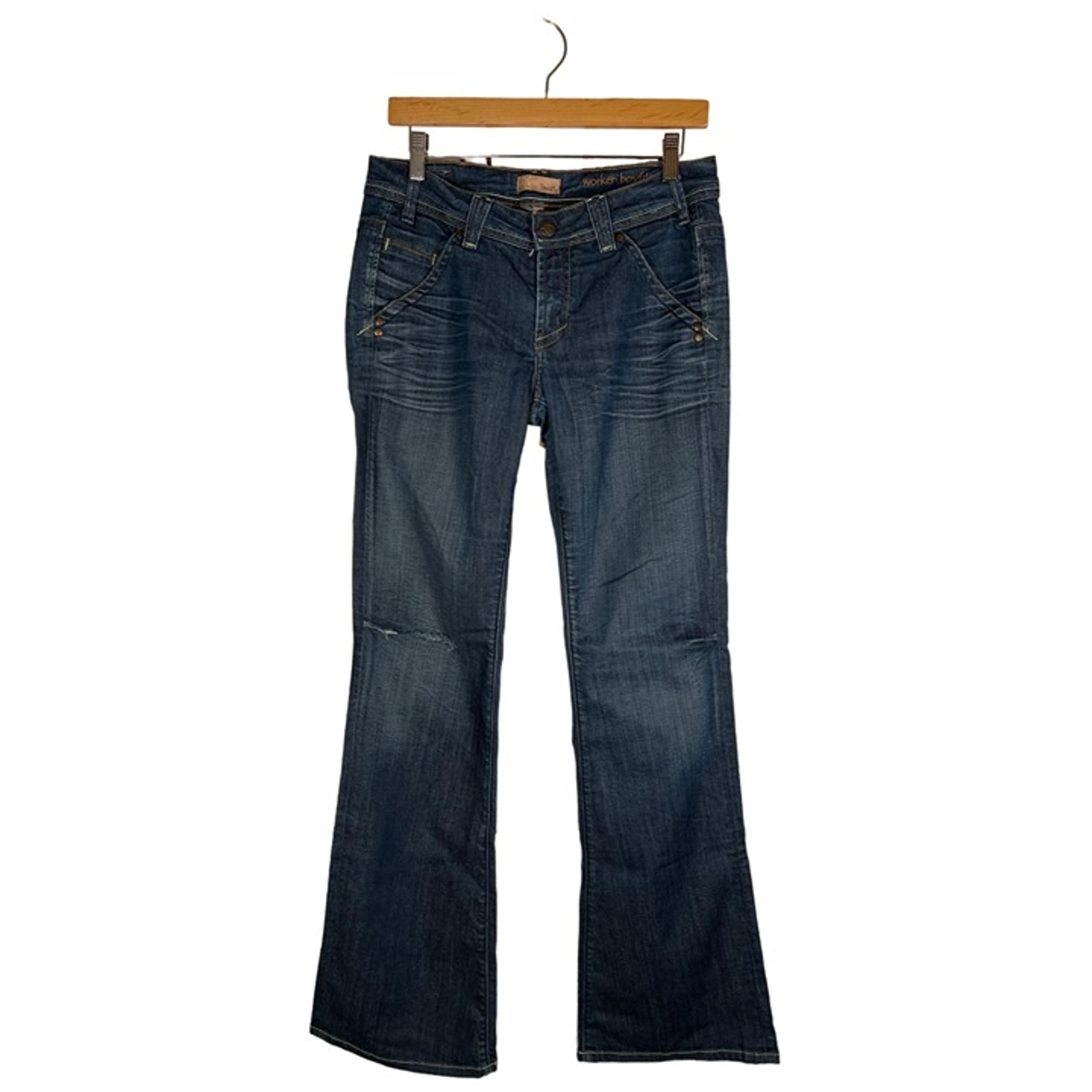 Yanuk Women Size 28 Blue Denim Bootcut Jeans Distress Worker Boyfriend Dark Wash