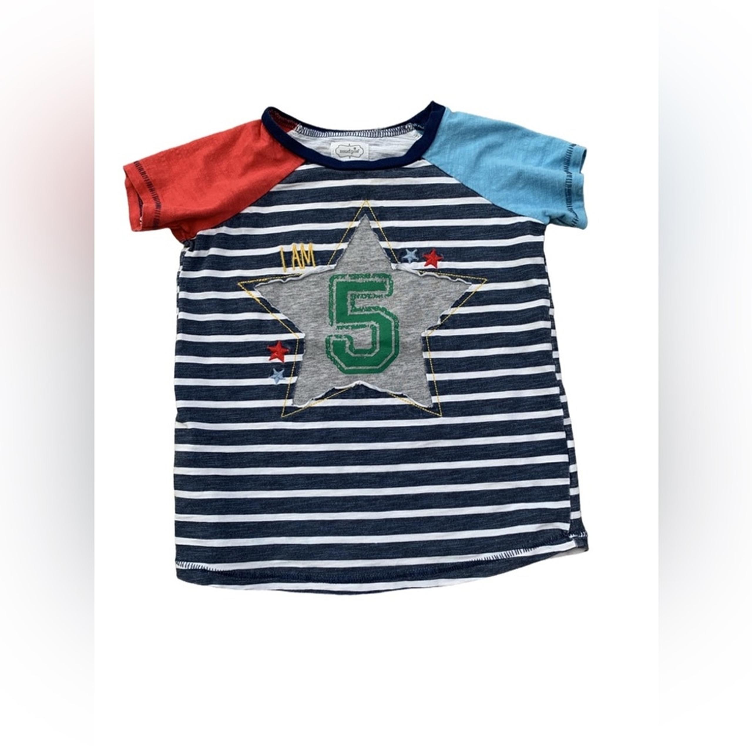 Mud Pie Size 5T Fifth Birthday I Am 5 Star Applique and Stripes Short Sleeve Tee