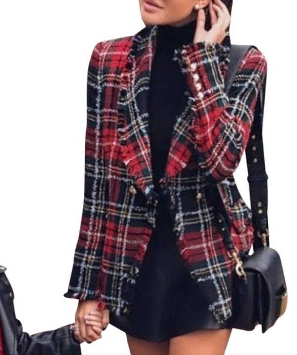 Rachel Zoe Red Tweed Plaid Frayed Hem Holiday Blazer Size 8 (M)