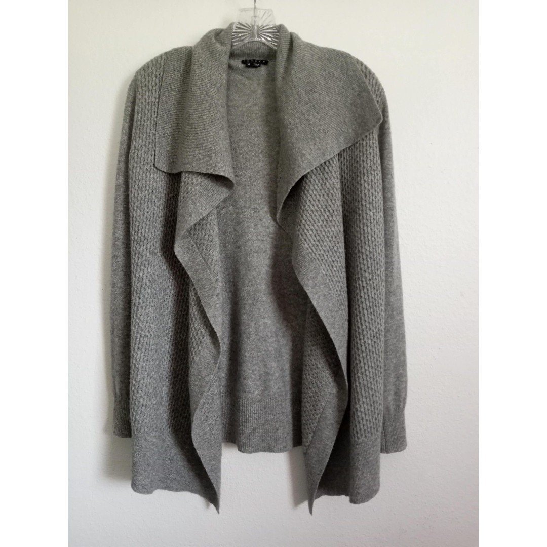 Theory Cashmere Cardigan Sweater Gray Open Front Shawl Collar Long P T/P S M