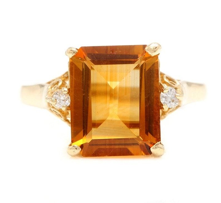 4.15Ct Natural Emerald Cut Orange Citrine & Diamond Halo Solitaire Ring 14k