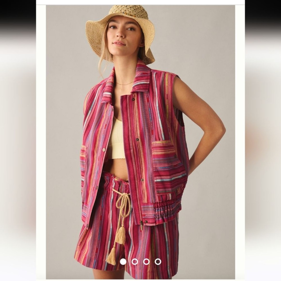 Anthropologie Utility Vest Stripe Embroidered Boho Snap Front Large