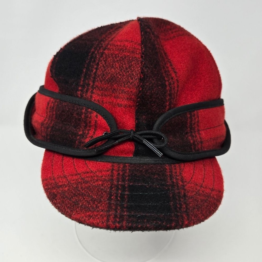 STORMY KROMER MACKINAW RED BKACK BUFFALO PLAID WOOL BLEND WINTER HAT MEN 7 1/8