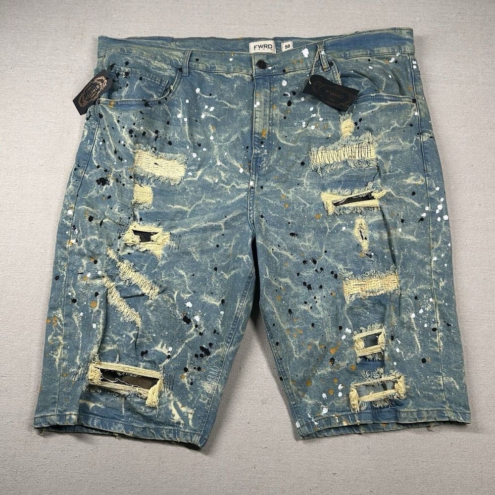 Fwrd Denim Shorts Mens 50 Paint Distressed Baggy Long Oversized 16 Inseam AOP