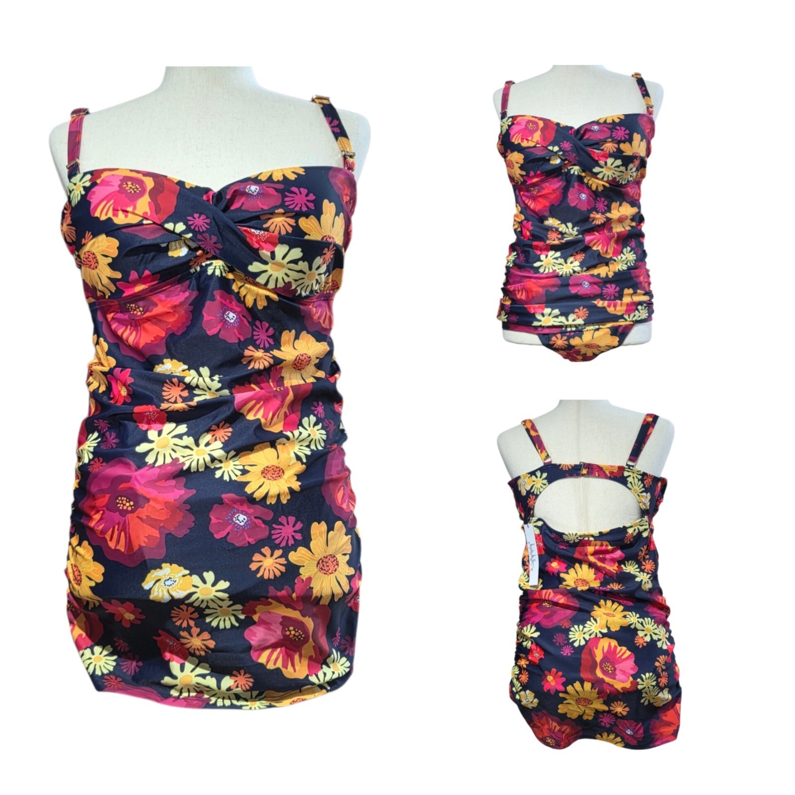 Nicole Miller 1-Piece Ruched Bandeau Twist Swimdress L Floral Tropical Swimsuit