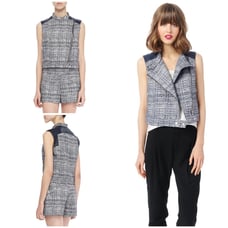 EUC Parker Bentley Metallic Tweed Print Lambskin Leather Panel Moto Vest Jacket