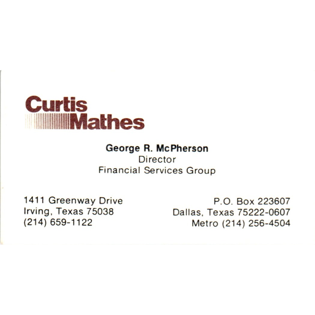 George R. McPherson Curtis Mathes Irving TX Vintage Business Card SD8-B4