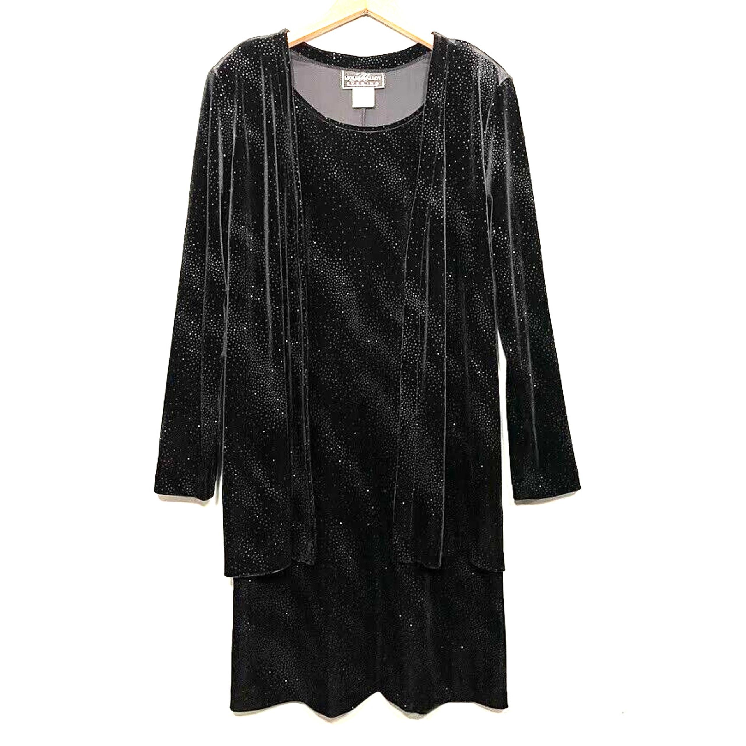 Vintage Molly Malloy Size 12 Black Velvet Metallic Sparkle Layered Evening Dress