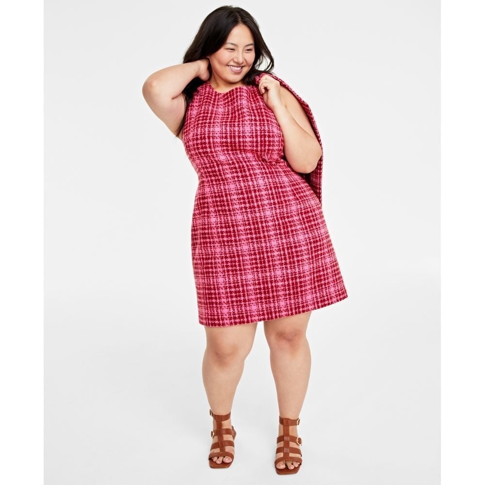 On 34th Plus Size Tweed Mini Sheath Dress Pink Plaid 14W NWT