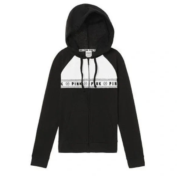 PINK Victoria’s Secret Black Logo Stripe Full Zip Hoodie