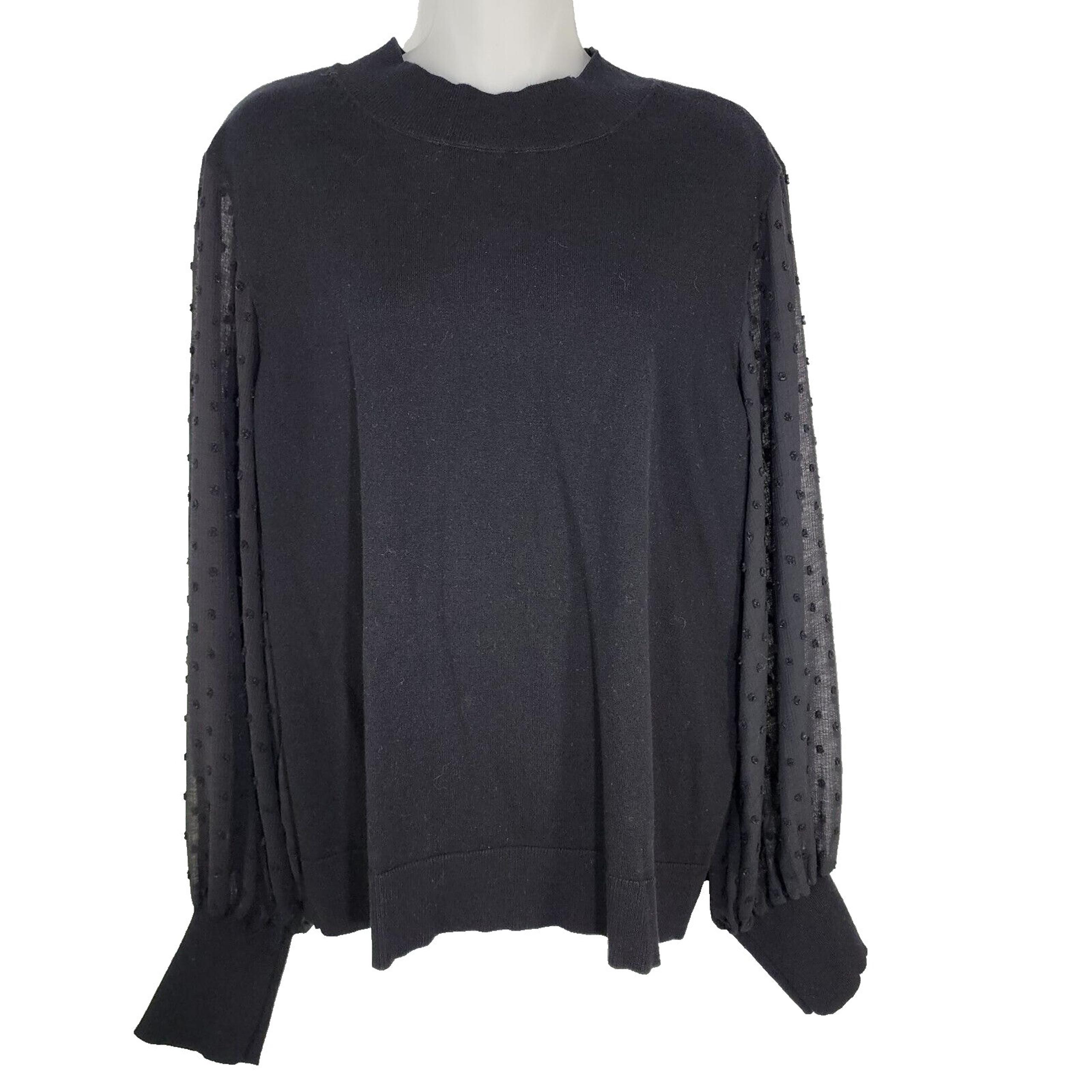 Vince Camuto Sweater XXL Mock Neck Clip Dot Long Sheer Sleeve Black Pullover