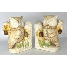Vintage Pair of Yellow Ceramic Owl & Sunflower Bookends Japan