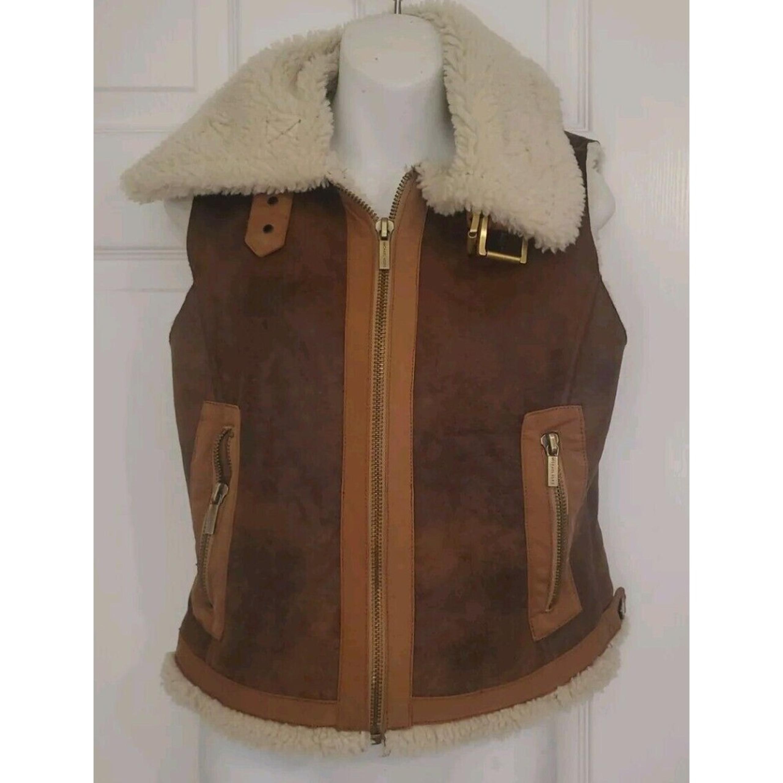 Michael Kors Sherpa Lined Vest Womens Size Small Winter Warm Tan Brown Full Zip