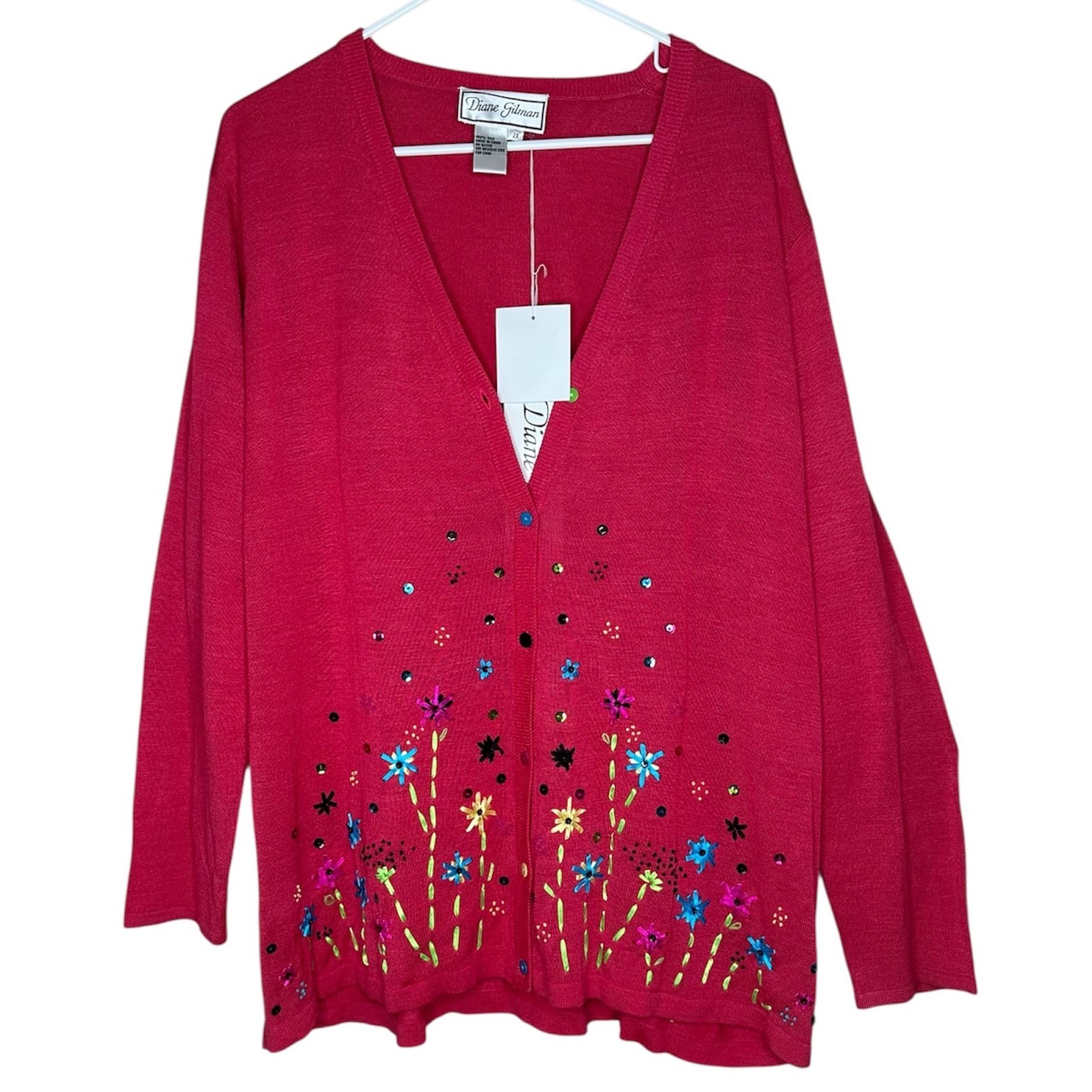 Diane Gilman NWT 100% Silk Cardigan Women's 2X Pink Ribbon Embroidery Sequins
