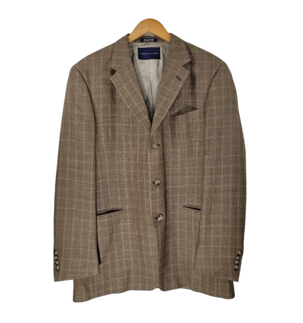 Vintage Tommy Hilfiger Pure New Wool Sport Coat Sz 43L Light Brown Check Plaid