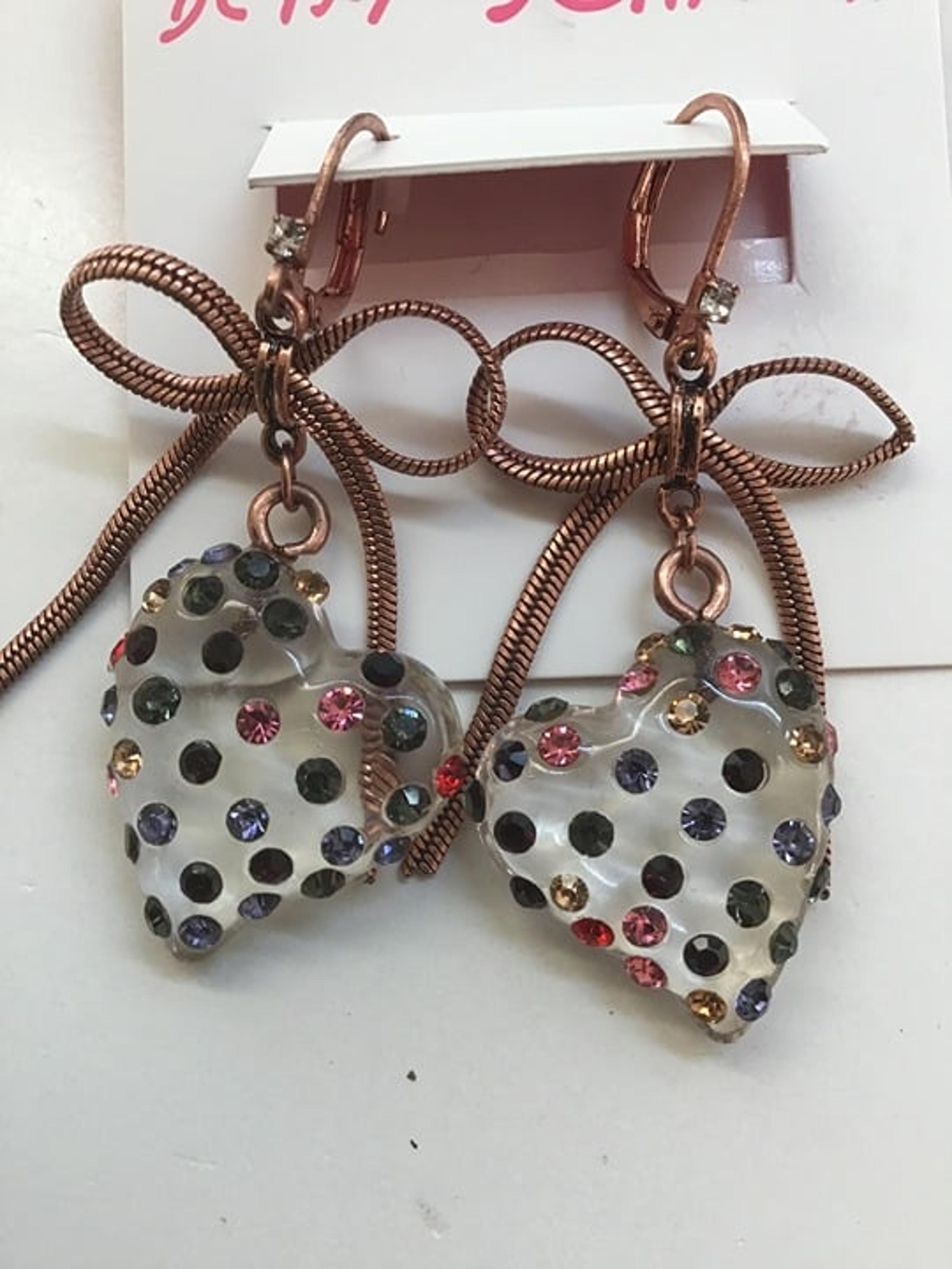 Betsey Johnson New Copper Bow with Clear Heart with Rhinestone Earrings