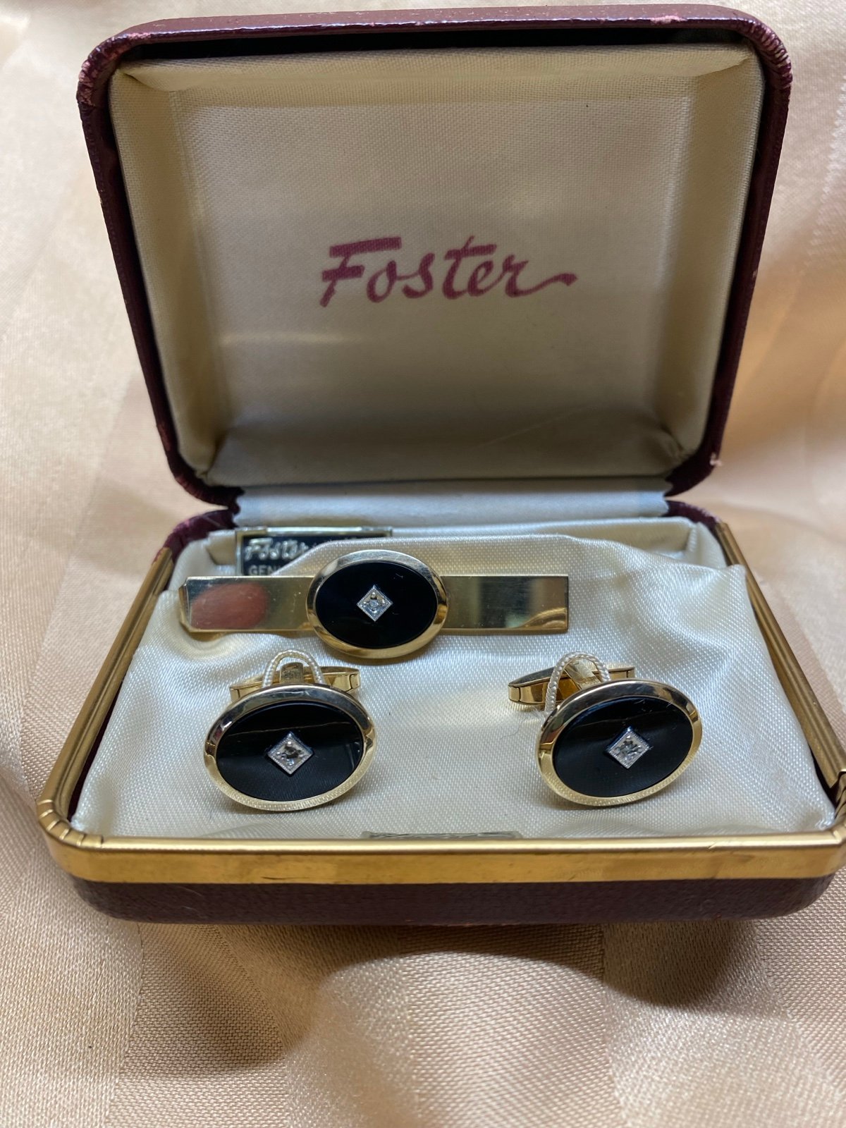 Vintage Foster Men's Cuff Links Tie Clip Original Box Diamond 12k GF