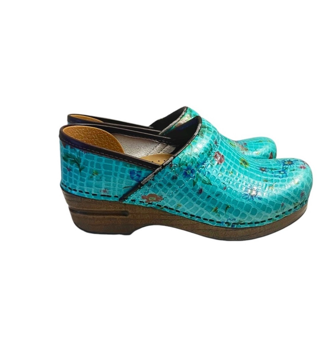 DANSKO Clog Mule slip on shoes. Aqua Teal with floral print. EU sz. 36 US size 6