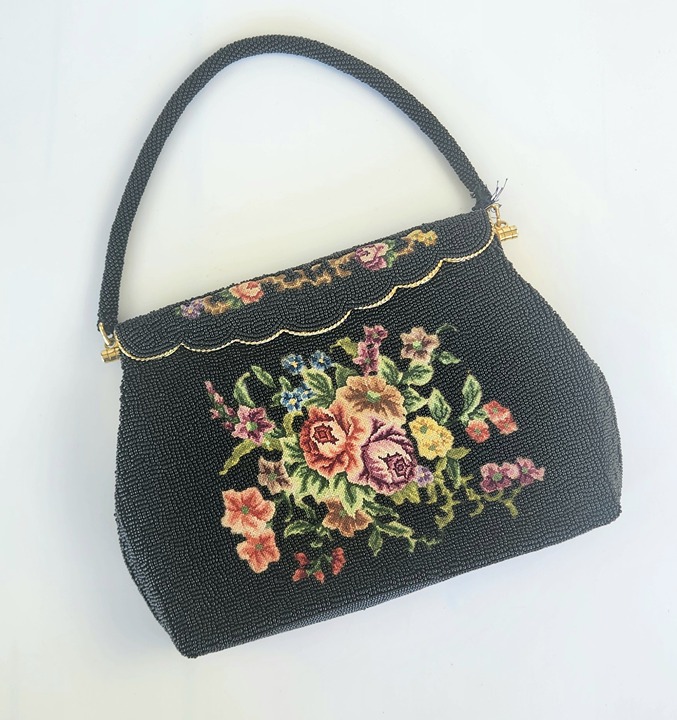 Vintage Early 1960's - Black Color - Floral Design - Beaded Purse