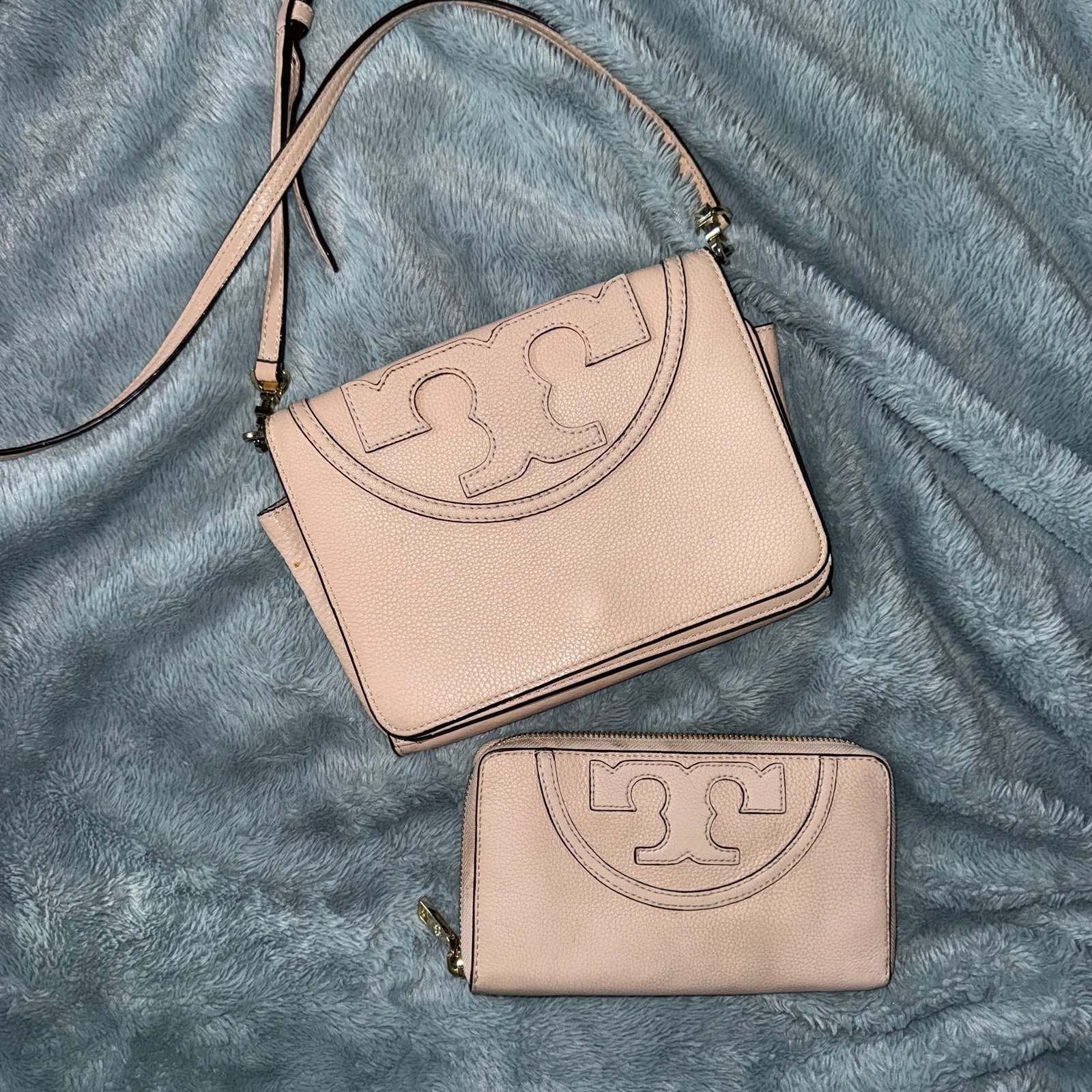 Tory Burch Pink Pebbled Crossbody and Matching Wallet