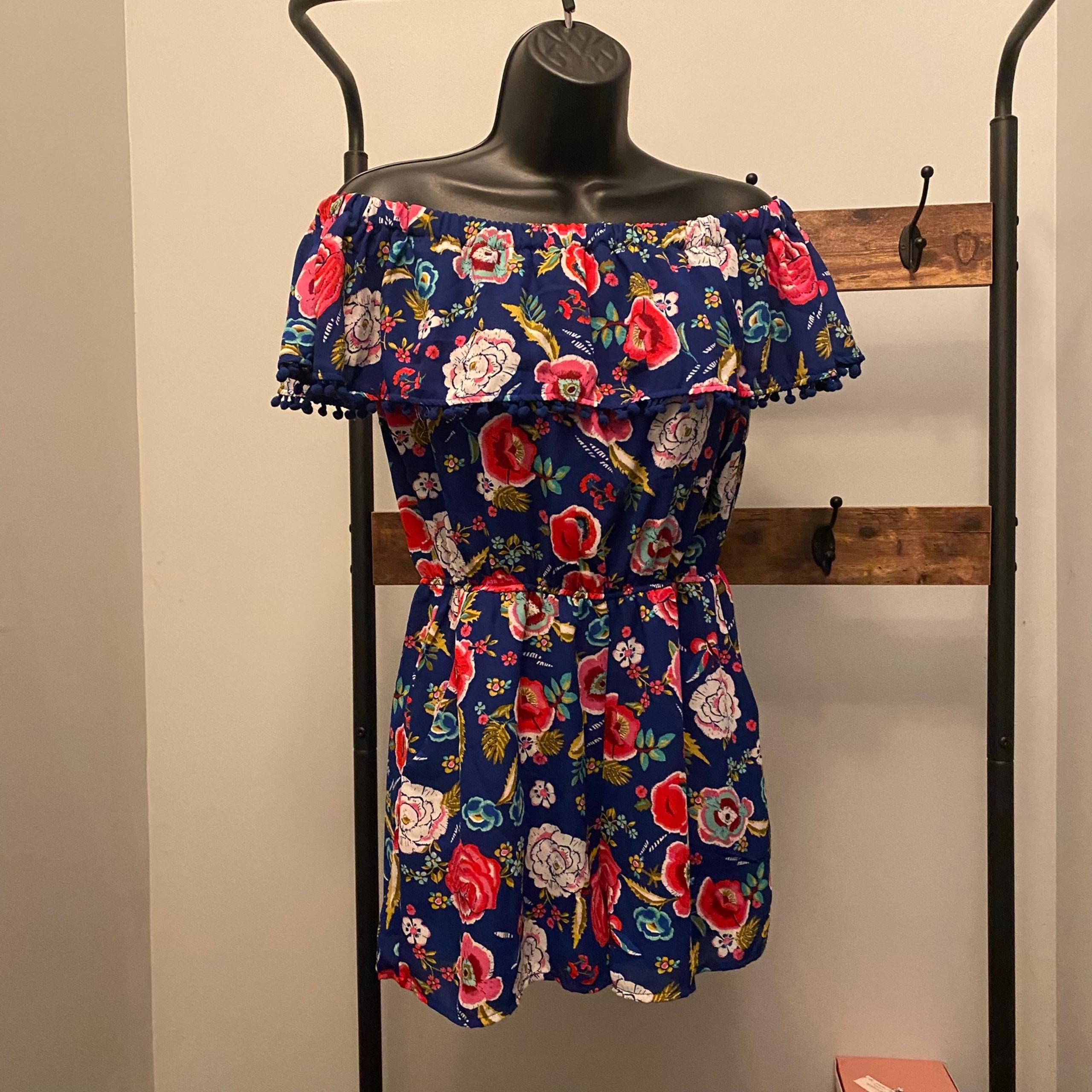 As U Wish women’s off shoulders pockets pom Pom flounce navy floral rompers S