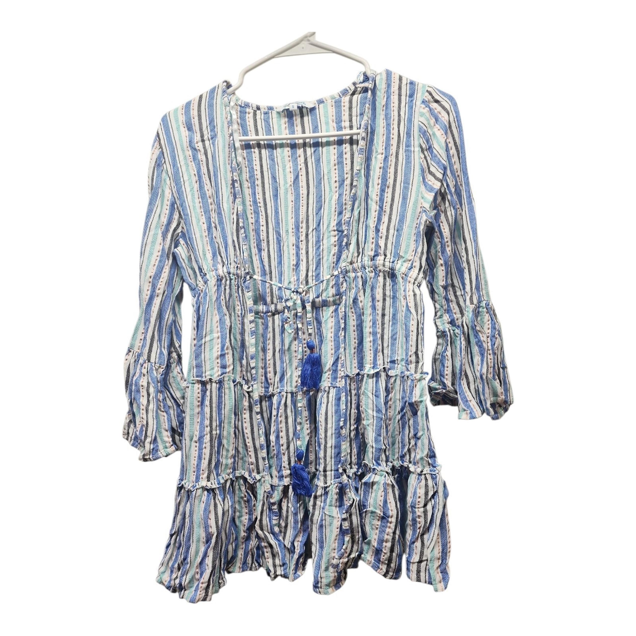 Blue Island Swim Cover Up Womens XS Blue White Gold Stripe Bell Sleeve Pre-Owned