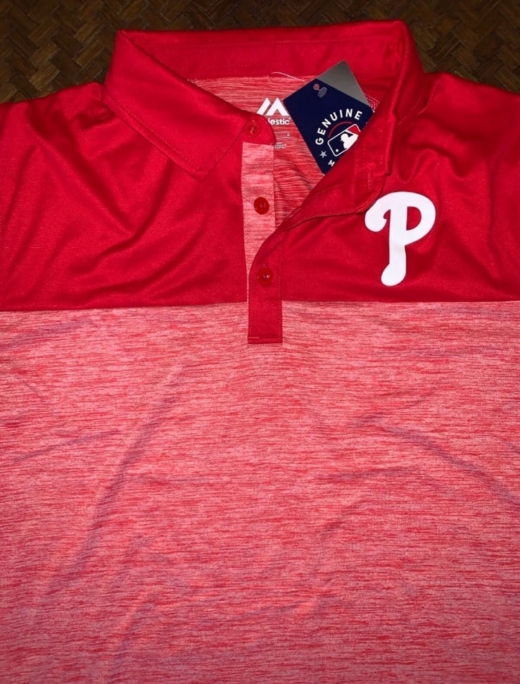 Philadelphia Phillies STRETCH POLO SHIRT-HEATHER RED-MENS M-Majestic-MLB NWT