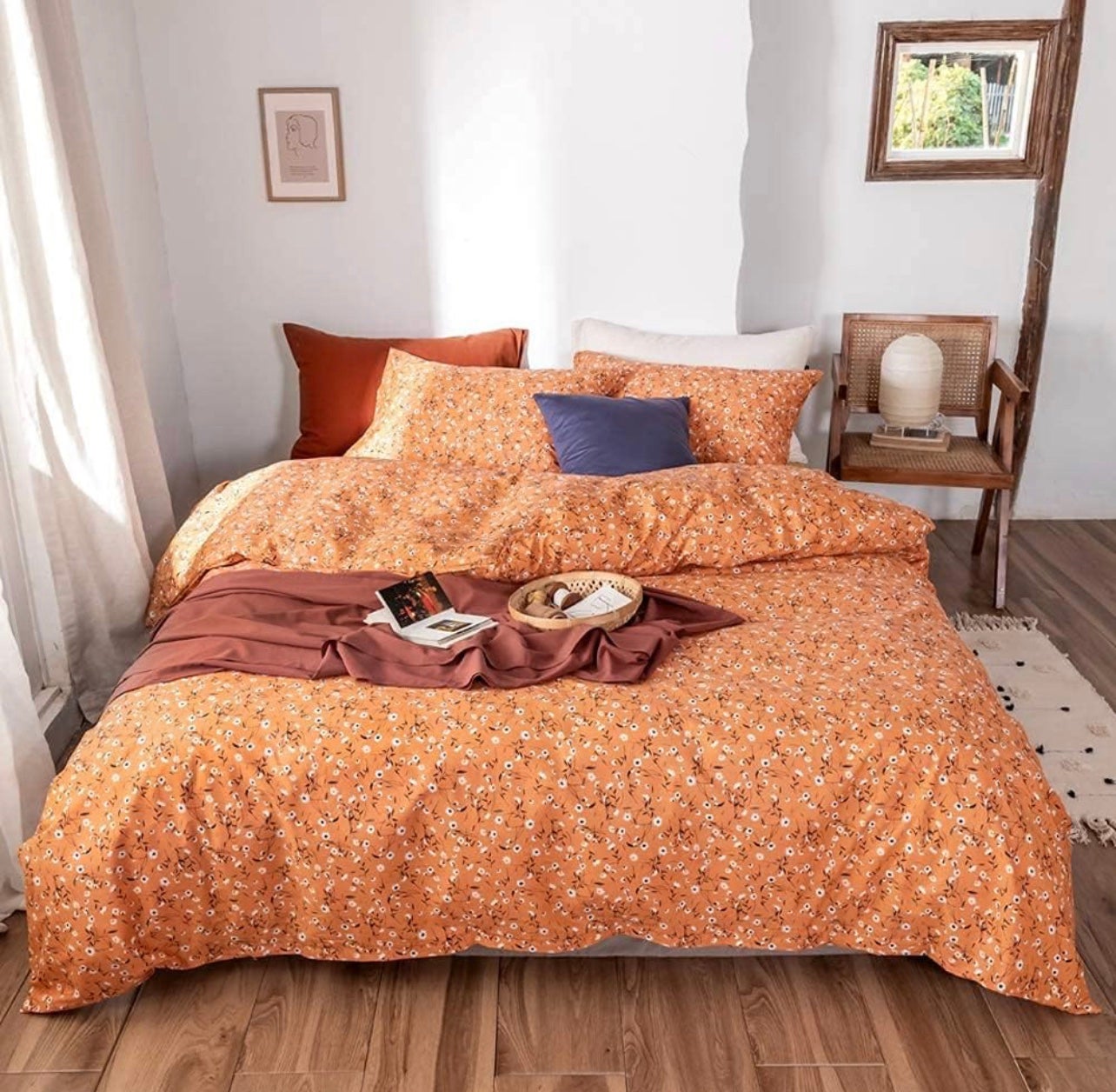 Pumpkin Floral Duvet Cover Queen Orange Flowers Branches Comforter Cover 100% Co