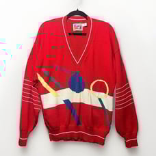 Vintage London Fog Sweater Mens L Red Bold Abstract Geometric Pattern V Neck