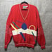 Vintage London Fog Sweater Mens L Red Bold Abstract Geometric Pattern V Neck
