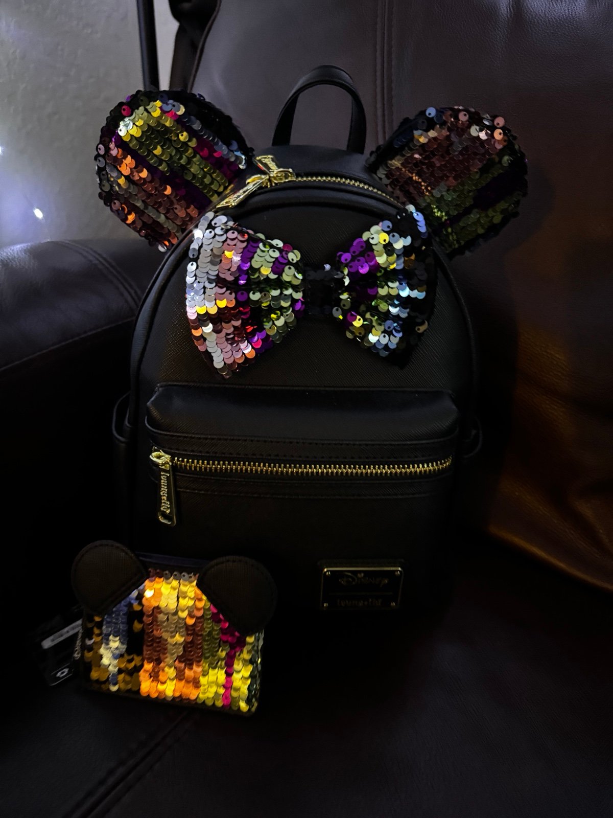 Disney Minnie Rainbow Sequin Loungefly Backpack and Card Holder Bundle