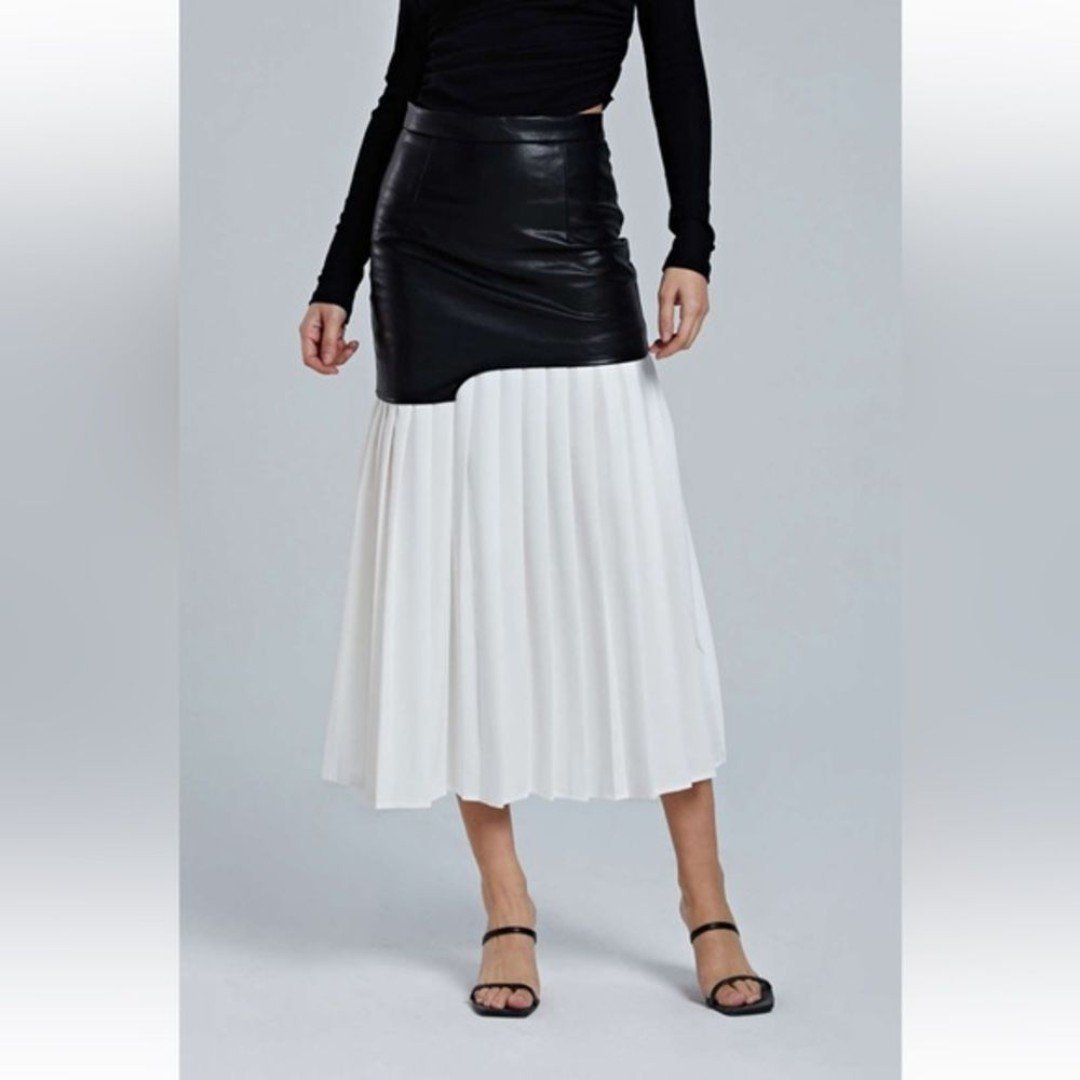 Micas Contrast Pleated Faux Leather Midi‎ Skirt size XL