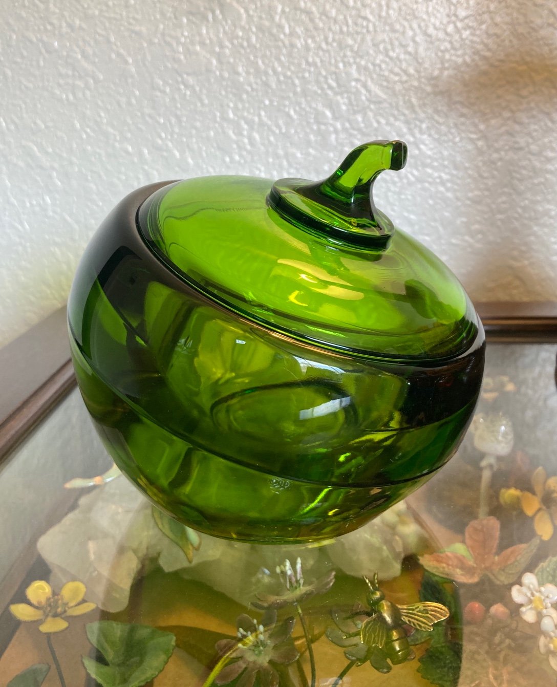 VTG MCM Viking glass Orbital Sphere Apple / Acorn candy dish HTF Avocado Green