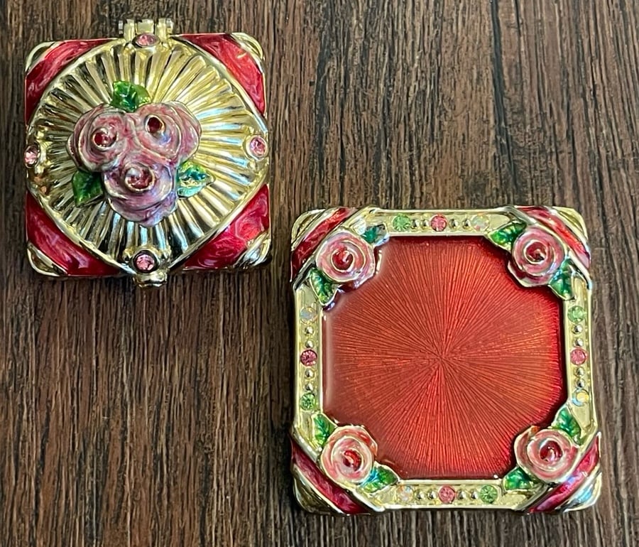 Jane Seymour Trinket Box Mini Mirror Set Gold Tone Enamel Rhinestone Floral
