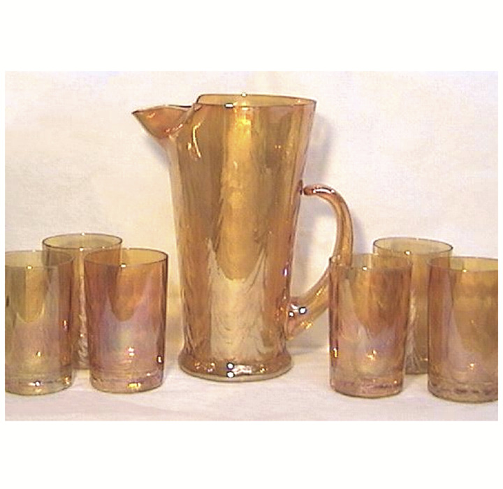 Marigold 7-Piece Juice Set Iridescent 1920s Pitcher and Six Tumblers