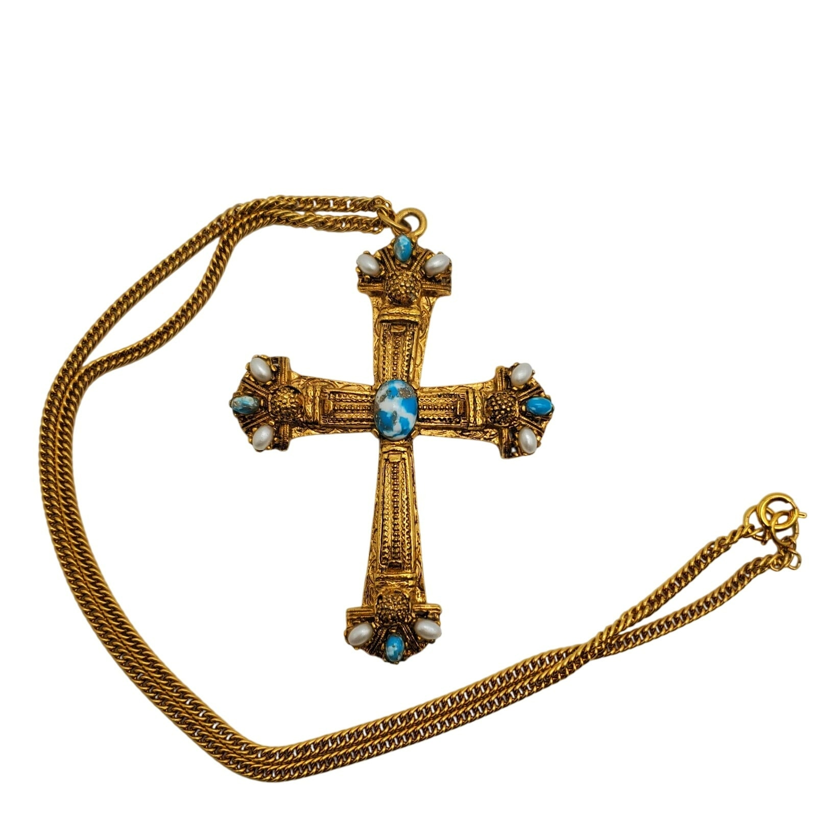 Byzantine Style Large Cross Pendant Gold Tone Necklace Faux Pearls & Turquoise