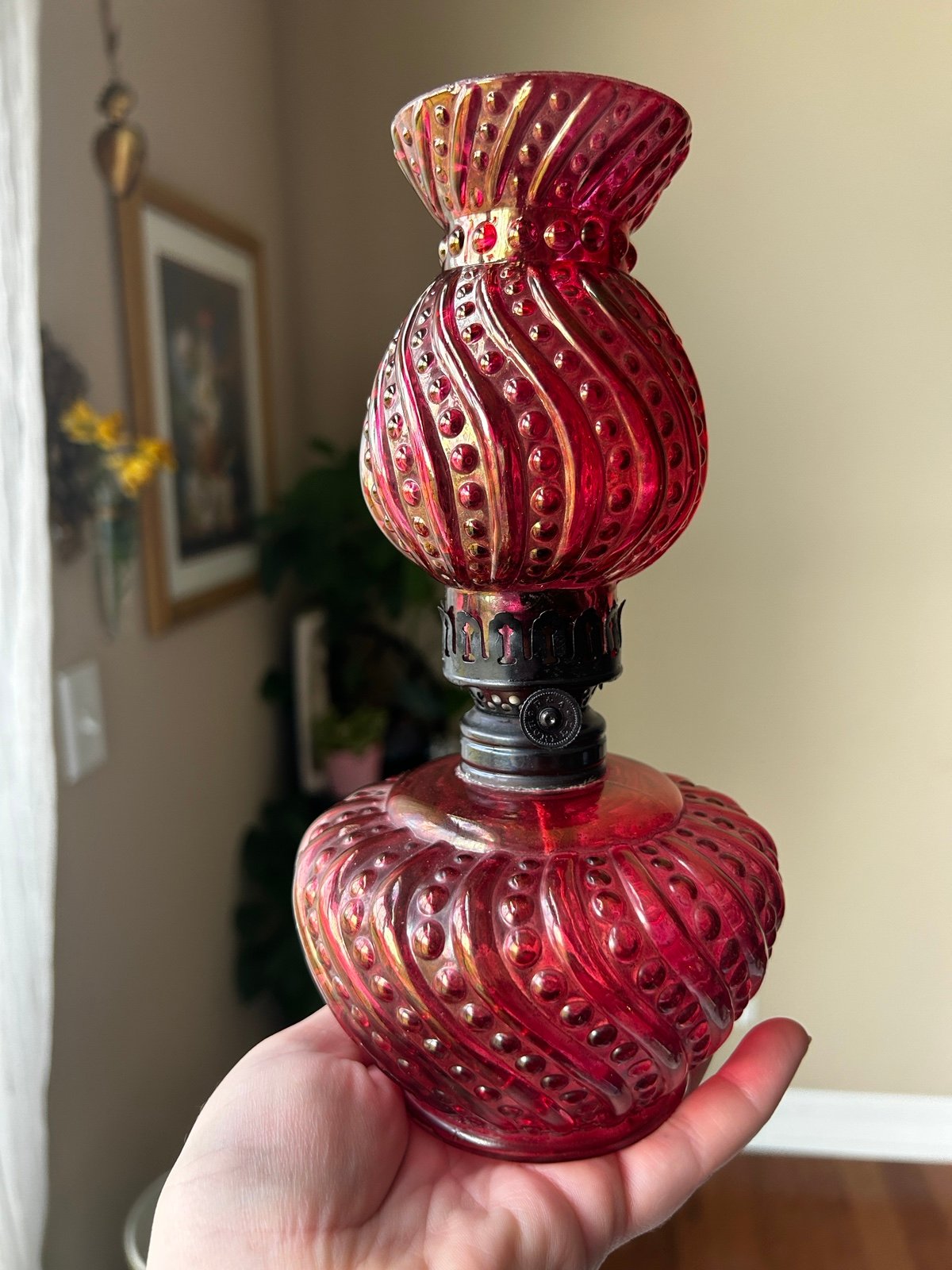 1880s Antique Cranberry Swirl Beaded Miniature OIL Lamp P& A Hornet