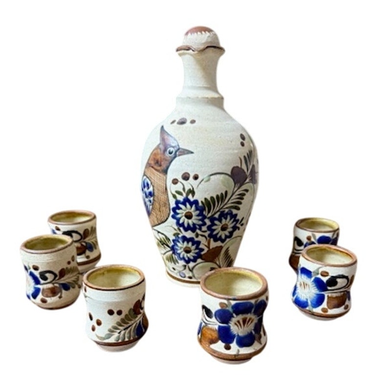 Tonala Mexican Folk Art Pottery Pitcher Decanter & 6 Shot Glasses Cups Bird